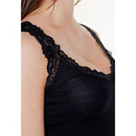 Close-up of Vero Moda Black Viscose Tank Top featuring lace trim and soft fabric, perfect for women's spring/summer collection.