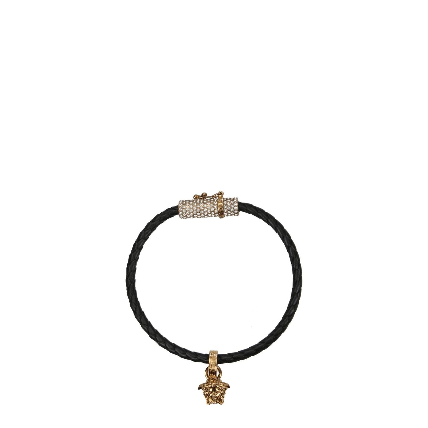 Versace Black Leather Bracelet with gold accents and hook closure, featuring front detail and back logo, perfect for casual style.