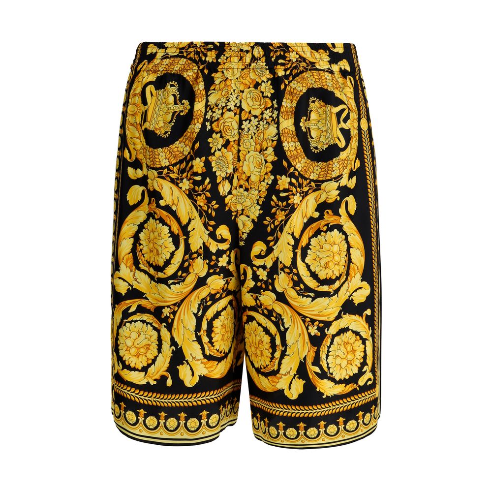 Versace Silk Shorts with baroque pattern, elastic waistband, side slash pockets, and back welt pocket, made in Italy, AW25 collection.