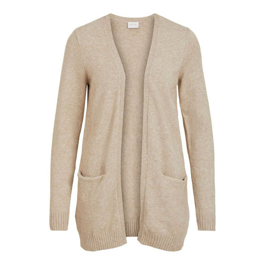 Vila Clothes Beige Viscose Cardigan with side pockets, perfect for layering, made from a viscose, nylon, and polyester blend.