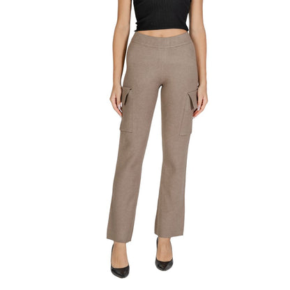 Vila Clothes Beige Viscose Cargo Pants with wide-leg design and large side pockets for contemporary style and comfort.