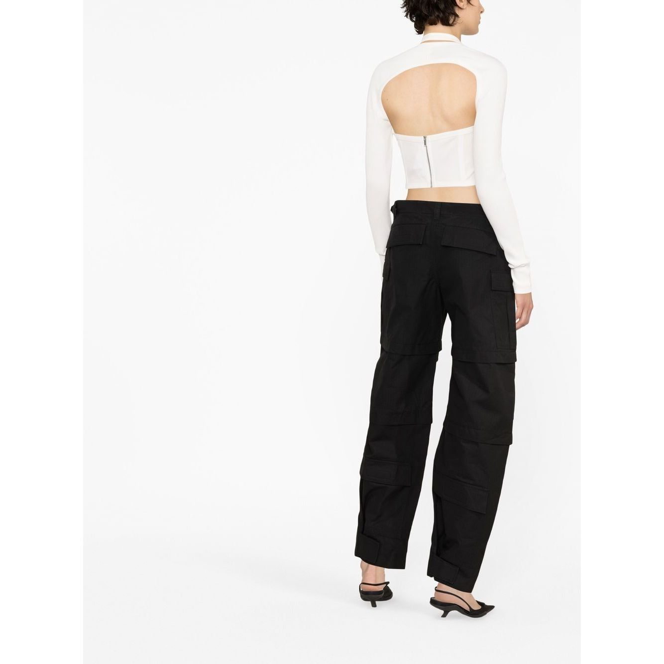 Back view of model wearing WARDROBE.NYC WARDROBE NYC Trousers Black with detachable legs and cargo pockets.