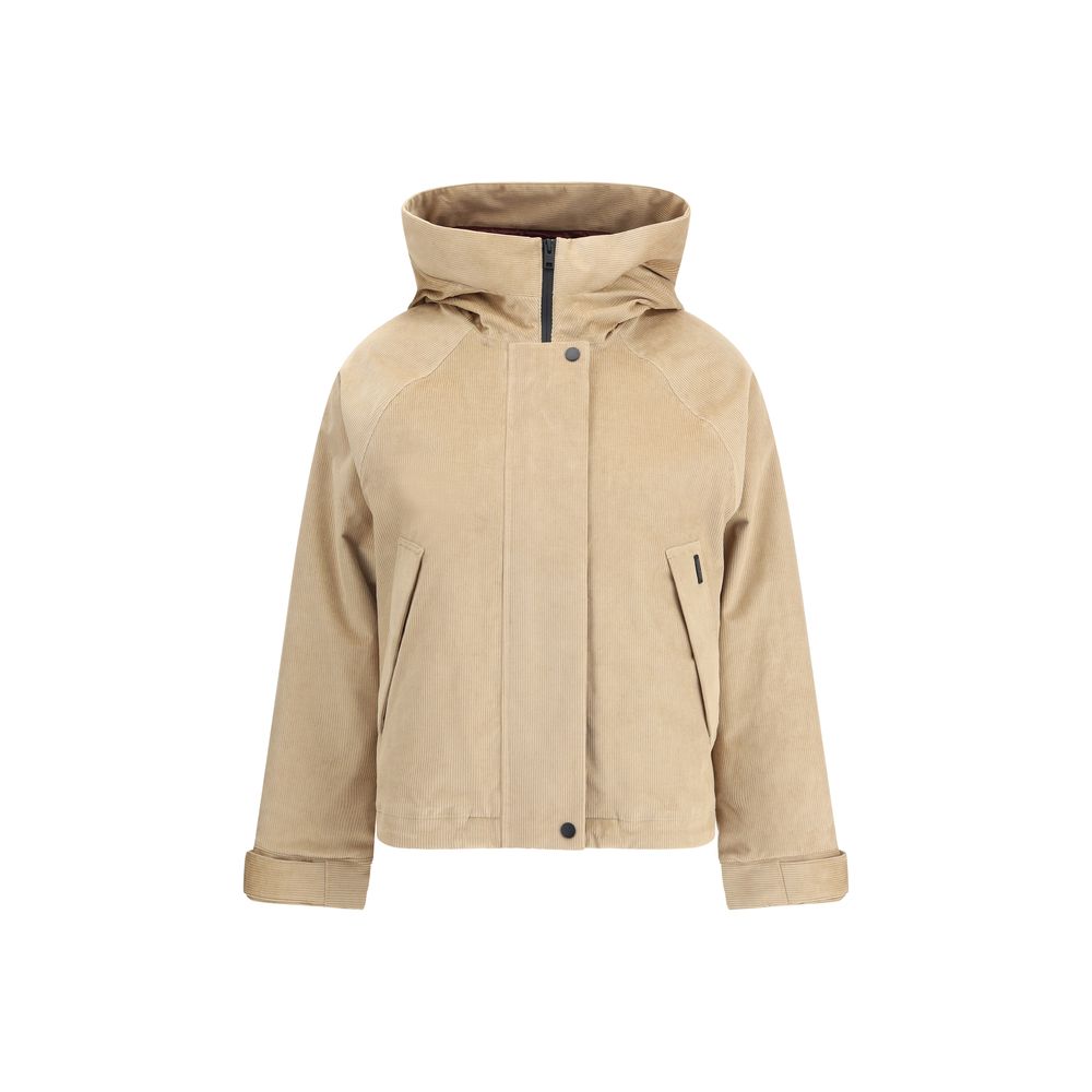 Woolrich Beige Cotton Clothing - Corduroy jacket with hood and zipper closure, featuring buttoned welt pockets for outdoor functionality.