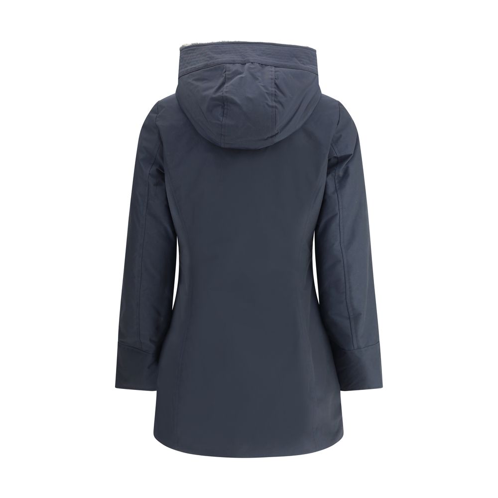 Back view of Woolrich Boulder Down Jacket with faux fur-lined hood, padded lining, and buttoned welt pockets, in dark blue color.