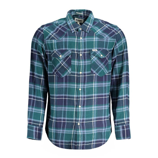 Wrangler Green Cotton Shirt, long sleeve Scottish flannel, regular fit with Italian collar, automatic button cuffs and pockets, logo