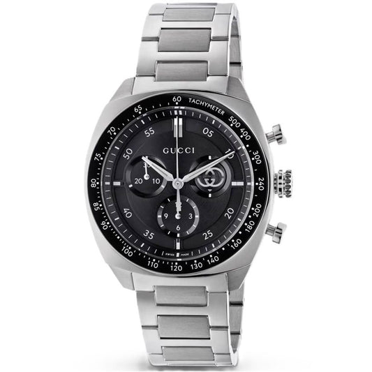 GUCCI Mod. INTERLOCKING stainless steel watch with black dial and tachymeter bezel, luxury timepiece for men and women