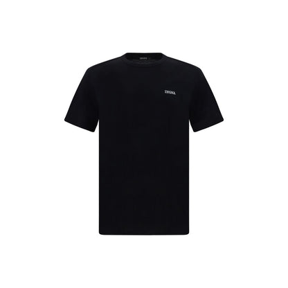 ZEGNA Black Cotton T-Shirt with ribbed crew neck and brand monogram, regular fit, 100% cotton for AW25 season.