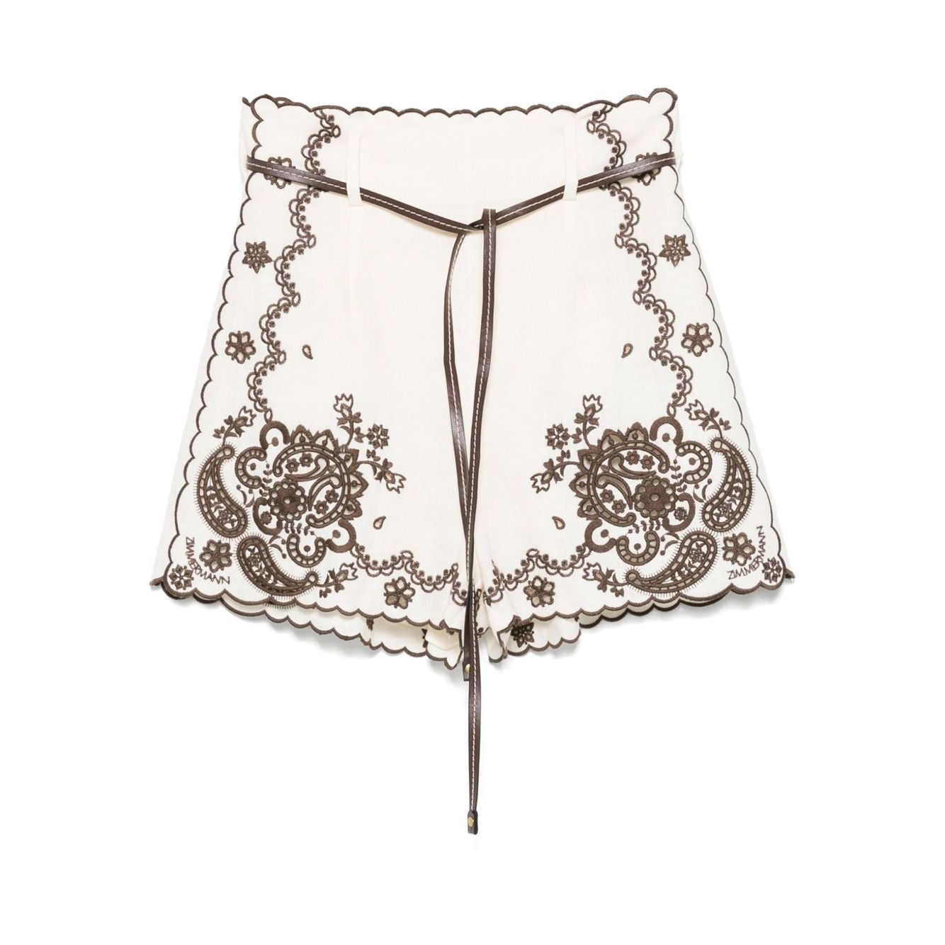 Zimmermann Ascension Shorts in light beige with detachable belt, scallop edge, and embroidery, ideal for stylish summer wear.