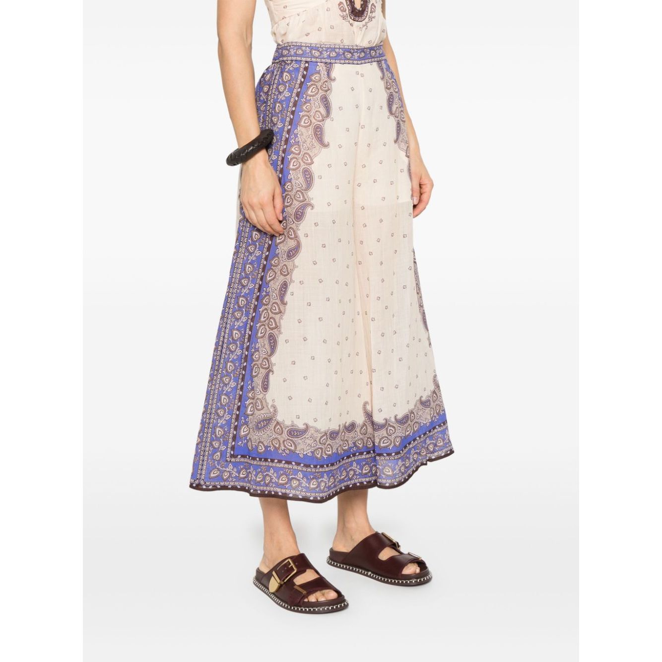 Zimmermann Maxine trousers in ecru with blue trim, featuring concealed rear zip and side slit pockets, made with eco-friendly materials.
