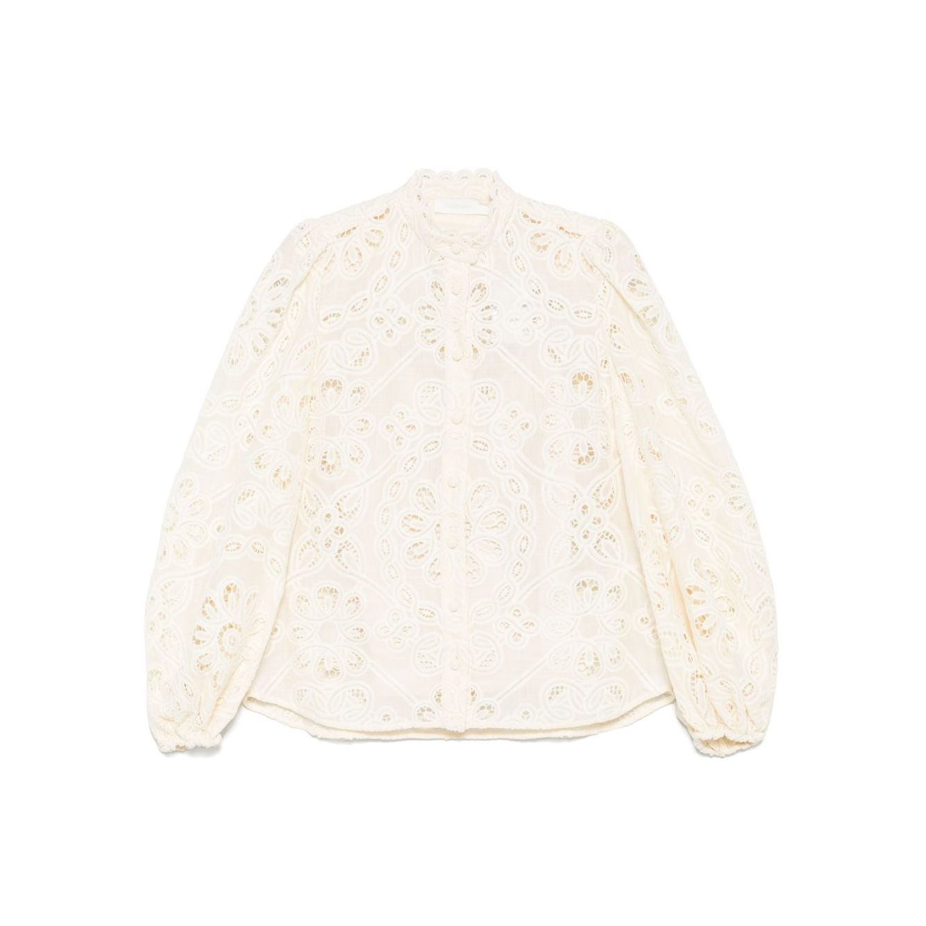Zimmermann Shirts Ivory Rhiannon embroidered blouse with beige button fastening, cut-out floral detailing, and long elasticated cuff sleeves.