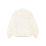 Zimmermann Shirts Ivory Rhiannon embroidered blouse with beige button fastening, cut-out floral detailing, and long elasticated cuff sleeves.