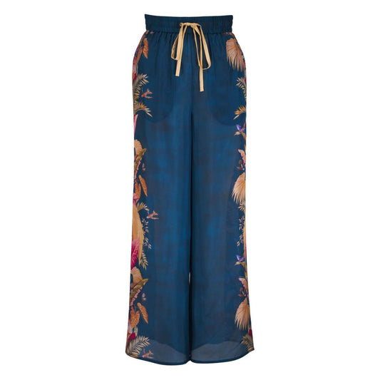Zimmermann Trousers Blue with floral design, elasticated waistband, drawstring, and side seam pockets made from lightweight Ascension silk.