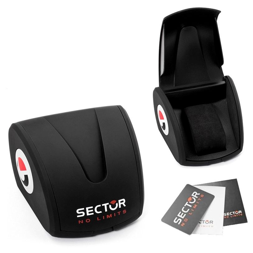 SECTOR Mod. 650 official box packaging showing black watch case and branded materials.